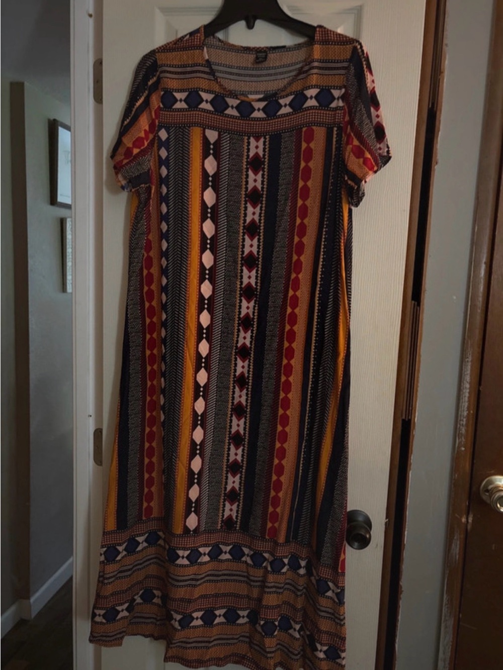 Striped Geometric Maxi Dress in Red, Mustard & Navy